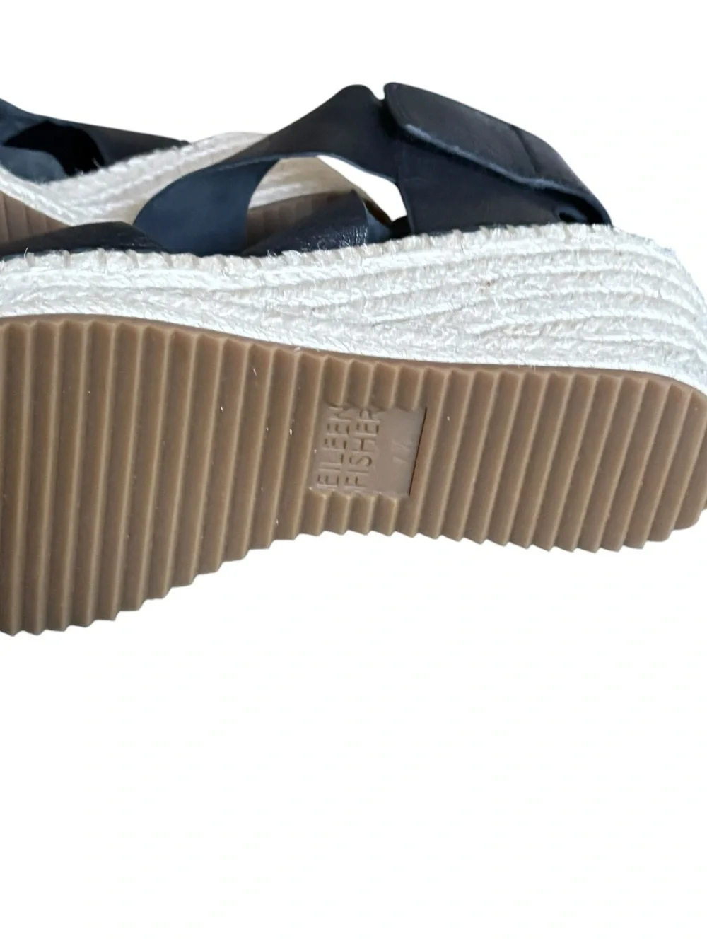 Eileen Fisher Willow Black Tumbled Leather Wedge Espadrille Sandals  Crisscross